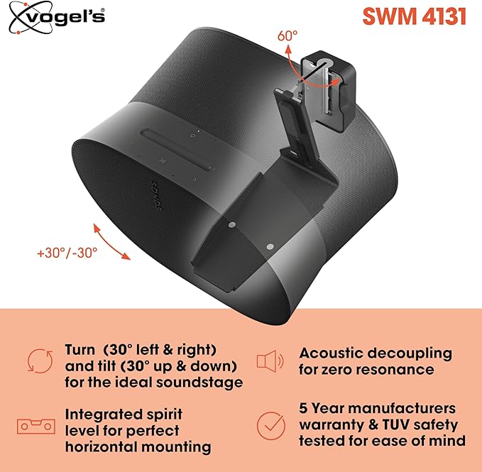 Vogel's SWM 4131 Speaker Wall Bracket for Sonos ERA 300, Max. 11 lbs (5 kg), Tiltable -30º/+30º, Swivels up to 60º (Left/Right), Black, 1 Bracket