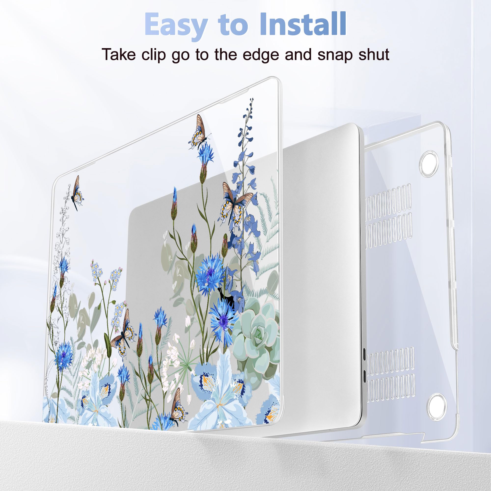 May Chen Compatible with MacBook Pro 13 inch Case with Touch Bar 2022 2021 2020 Release A2338 M1/M2 A2251 A2289, Plastic Hard Shell Case with Keyboard Cover + Dust Plug, Blue Flowers Leaves