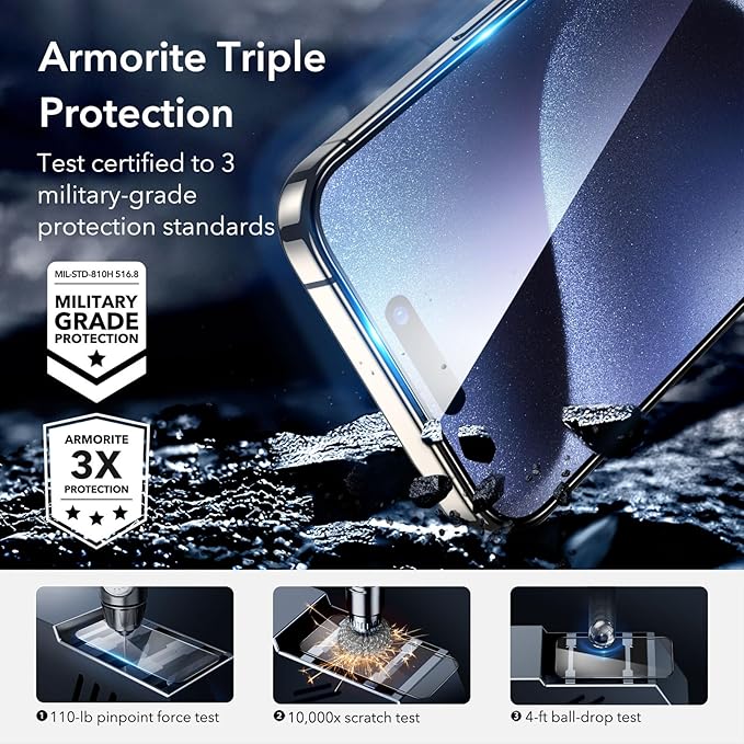 ESR 3+1 Pack for iPhone 15 Pro Max Screen Protector, [9H Hardness] [Military Grade Shatterproof] Full Coverage Ultra-tough Tempered Glass Film, Easy Installation Frame, 1 Set of Camera Lens Protector