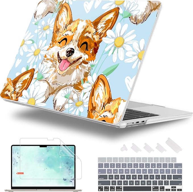 Case for MacBook Air 15 Inch 2025 2024 2023 Release M4 A3241 M3 A3114 M2 A2941, Hard Shell with Screen Protector & Keyboard Cover, Compatible with Touch ID, Cute Corgi Dog