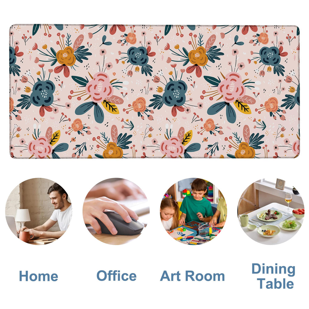 NITAHHHY Gaming Desk Pad Large Extra Length Hand Drawn Floral Mouse Pad Keyboard Laptop Non-Slip Waterproof with Rubber Base Thick Stitched Edge Mouse Mat for Office Home 35.4 x 15.7 Inches