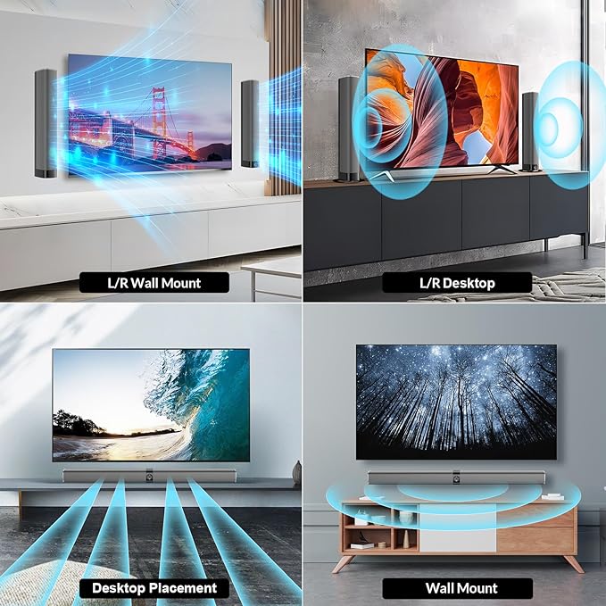 Sound Bar, 80W Soundbar with Bluetooth/ARC/Opt/AUX Connect, with Volume Boost, 3 Equalizer Modes, 2 in 1 Detachable Soundbar for TV/PC/Gaming/Projectors