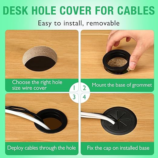 2 Pcs Desk Grommet 2-3/8" / 60 mm, Desk Hole Cover for Cables White, Cable Grommet ABS Plastic, Desk Hole Grommet for Home & Office Pc, Detachable Cable Cord Organizer