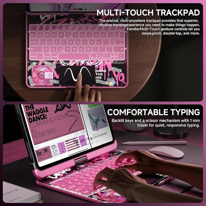Transparent Case with Keyboard for iPad Air 13 Inch (M3/M2, 2025/2024), iPad Pro 12.9 Inch (6/5/4/3 Gen),7-Color Backlit,Magic Wireless Keyboard, 360°Rotating,with trackpad,Pencil Holder,Pink