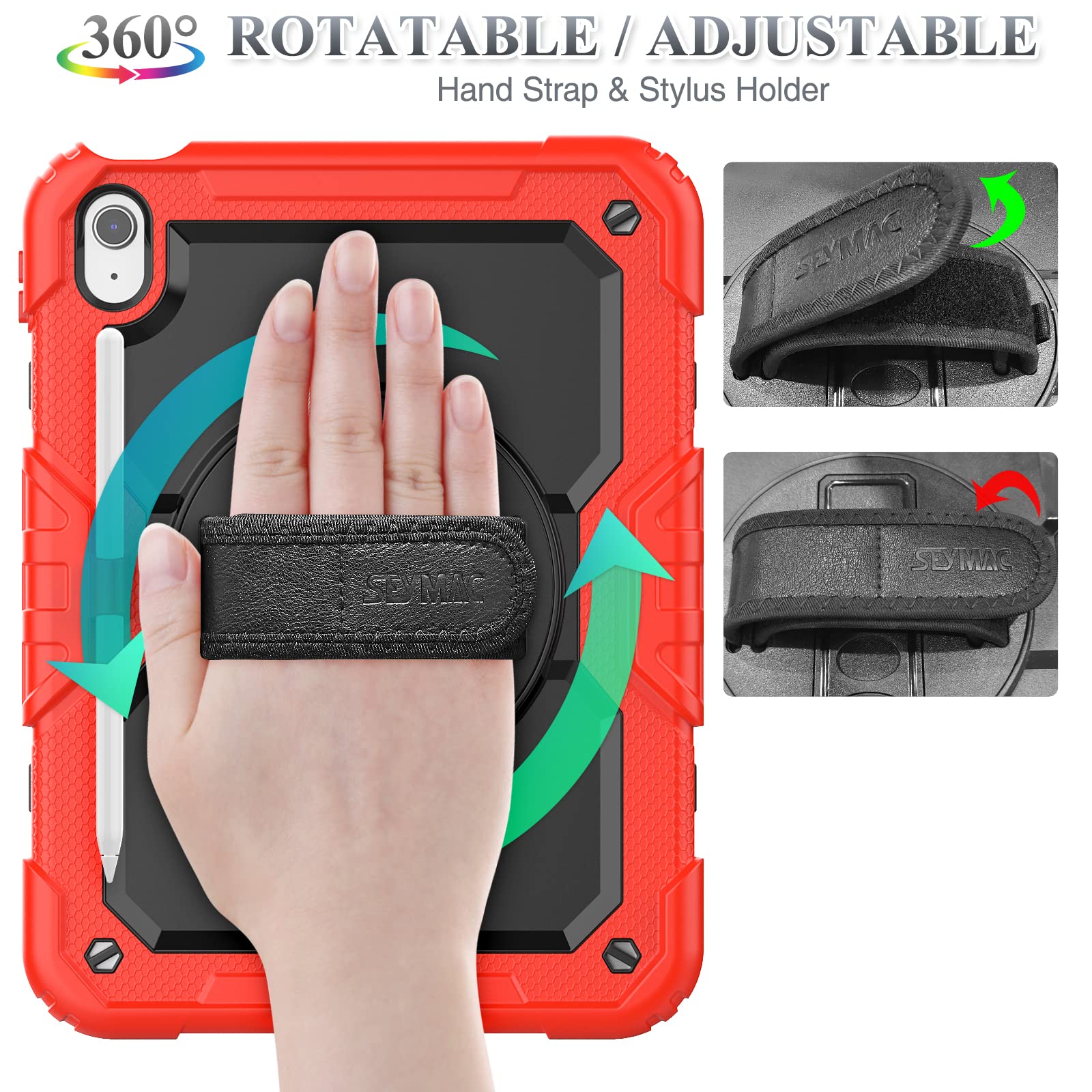 SEYMAC stock Case for iPad (A16) 11th/10th Generation 11''/10.9'' 2025/2022, Full-Body Drop Protection Case with Screen Protector &360° Rotate Hand Strap/Stand, Black+Red