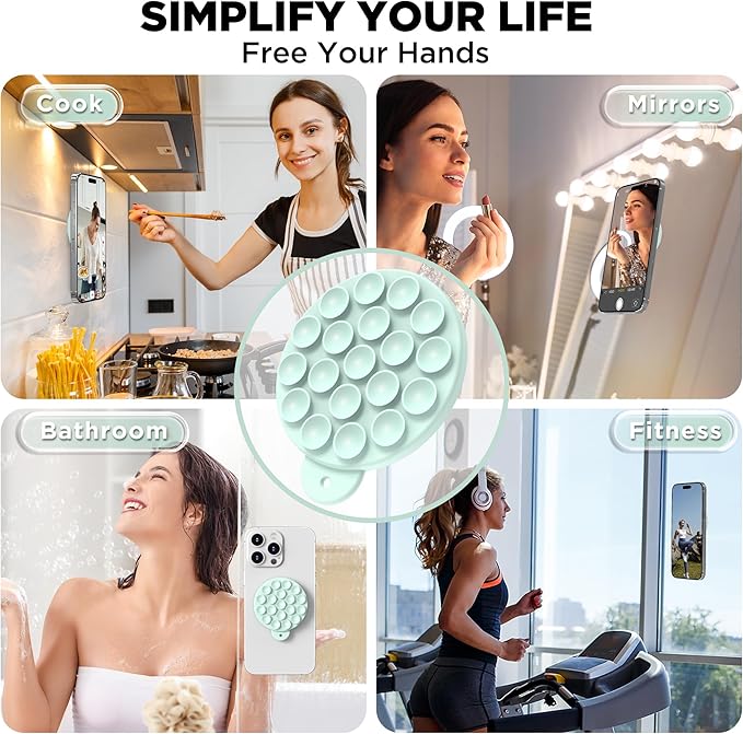 Magnetic Suction Cup Phone Mount for MagSafe Case, Silicone Hands-Free Phone Grip Holder for iPhone and Android, Mirror Shower Phone Stand for Makeup FaceTime Gym Kitchen Bathroom, Mint Green