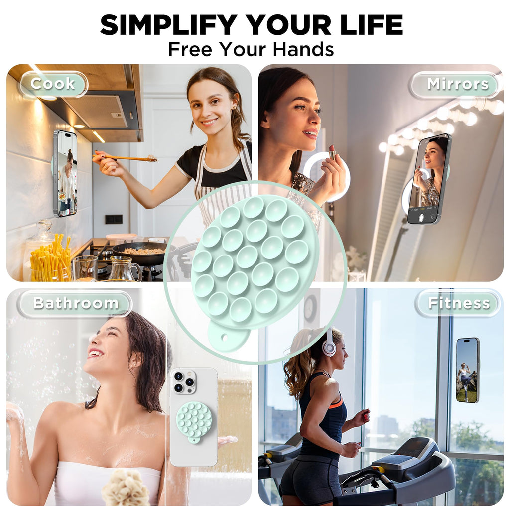 HSAOHD Magnetic Suction Cup Phone Mount, Compatible with MagSafe, Silicone Octo Cup Buddy Sticky Grip Holder for iPhone and Android, Removable Hands-Free Selfie/Video for TikTok, Mint Green