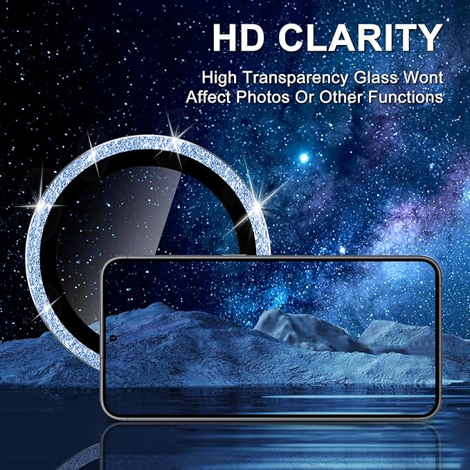 for Samsung Galaxy S25 Camera Lens Protector, Individual Metal Ring Tempered Glass Lens Cover, [Strong Adsorption] Scratch Resistant Ultra-Thin HD Clear Lens Cover, 1 Set-Blue Sparkly