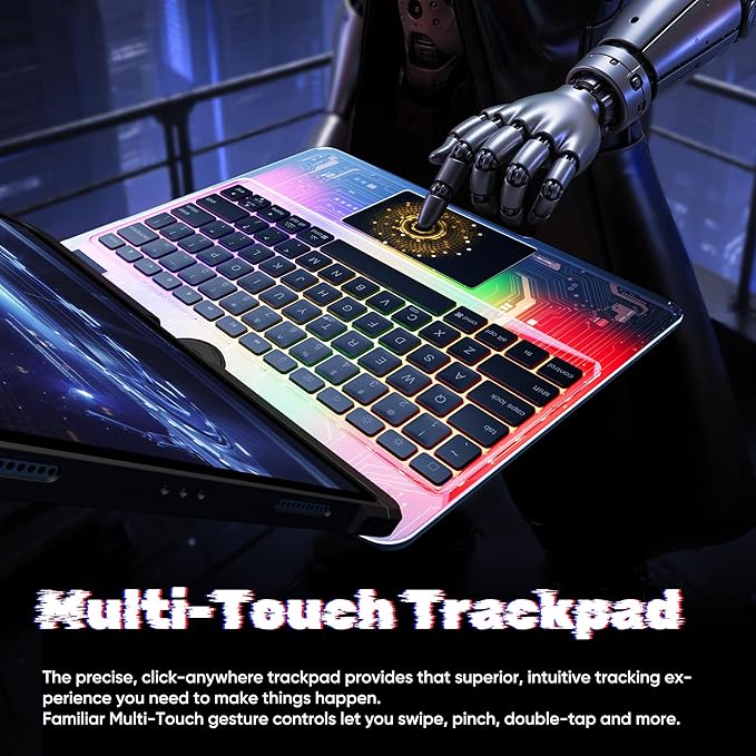 KITONE Transparent Case with Wireless Keyboard for iPad 10.2-in (7th, 8th, and 9th Gen), 7 Colors Backlight, Trackpad, 360°Rotating Stand, Tech Style