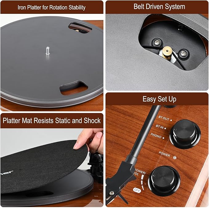 Vinyl Record Player with Bluetooth Input Output,Turntable with Built-in Preamp,USB Recording,Speed Adjustment,Counterweight and Moving Magnet Stylus,Upgraded Single-Platter Design (No Sub-Platter)