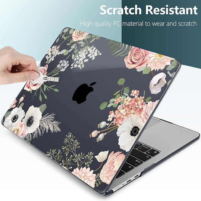 TWOLSKOO Compatible with M4 MacBook Air 15 inch Case 2025-2023 Released Model M4 A3241 M3 A3114 M2 A2941, Plastic Hard Shell & Screen Protector & Keyboard Cover & Type C Adapter, Rose Flower