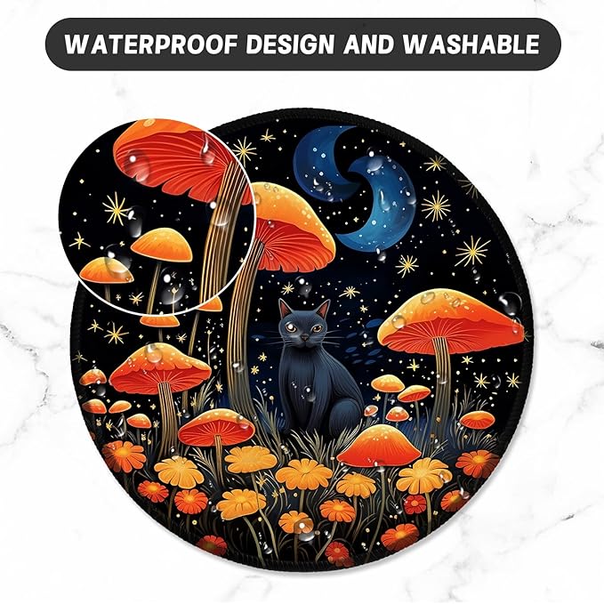 ITNRSIIET Round Mouse Pad with Stitched Edge Premium-Textured Waterproof Non-Slip Rubber Base Desktop Protection Mat Diameter 8.7 inches, Cat and Mushroom