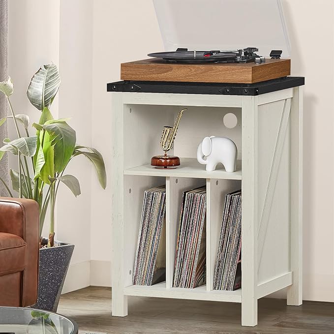 Record Player Stand with Vinyl Record Storage,White Record Player Table Holds up to 160 Albums,Large Wood Turntable Stand Cabinet Dispaly Shelf for Living Room,Bedroom,Office