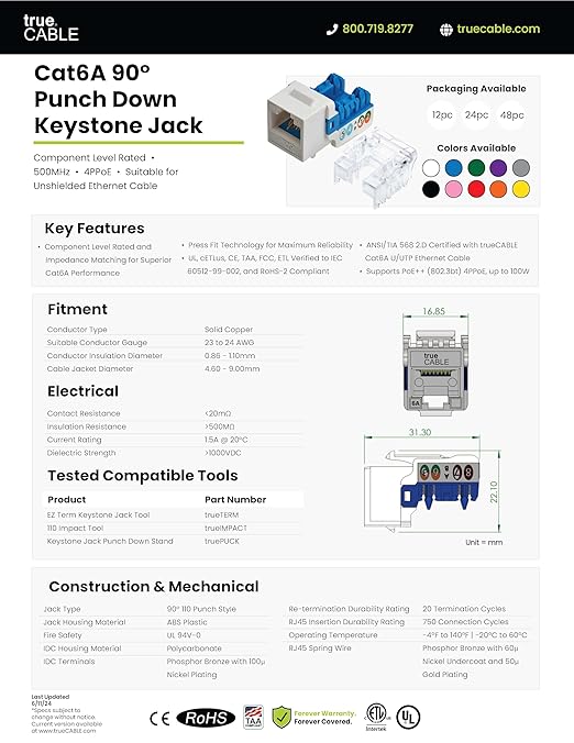 trueCABLE Cat6A Keystone Jack, Unshielded (UTP), 90 Degree Punch-Down, PoE++ (4PPoE), UL Listed, ETL Verified, ANSI/TIA Certified, Modular RJ45 Female, Green, 12 Pack