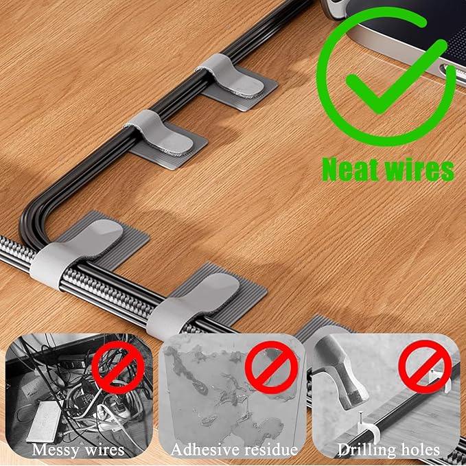 80PCS Hook and Loop Cable Ties, Hook and Loop Cable Straps, Under Desk Cable Management, Adhesive Cable Clips, Sticky-Back Cord Organizer for Desk, Household & Office Organization (Black+Gray)