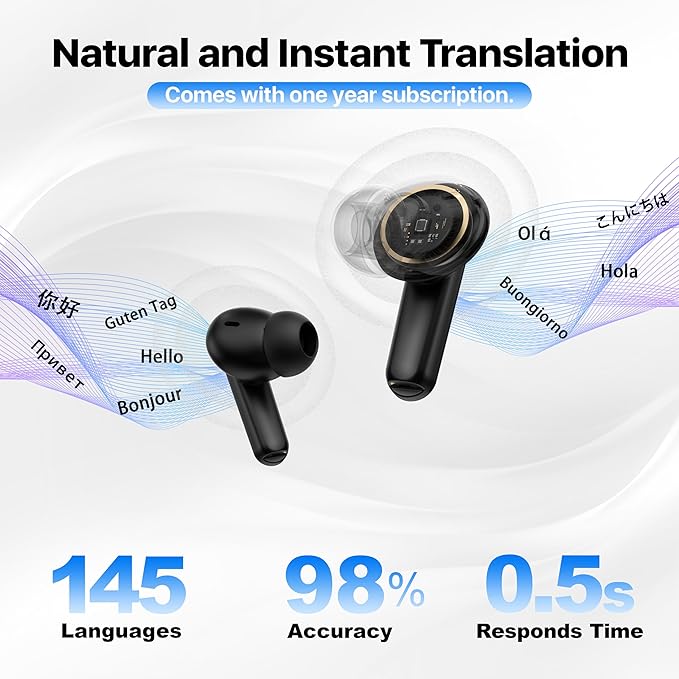 Active Noise Cancelling Wireless Earbuds with Real Time Translation, in Ear Bluetooth 5.4 Headphones Stereo Bass Ear Buds Translator via APP (Black)