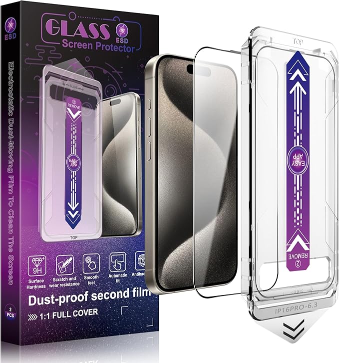 2 Pack Screen Protector Tempered Glass for iPhone 16 Pro 6.3-Inch Auto Dust Removal, No Bubbles, High Definition Clear, Easy Installation