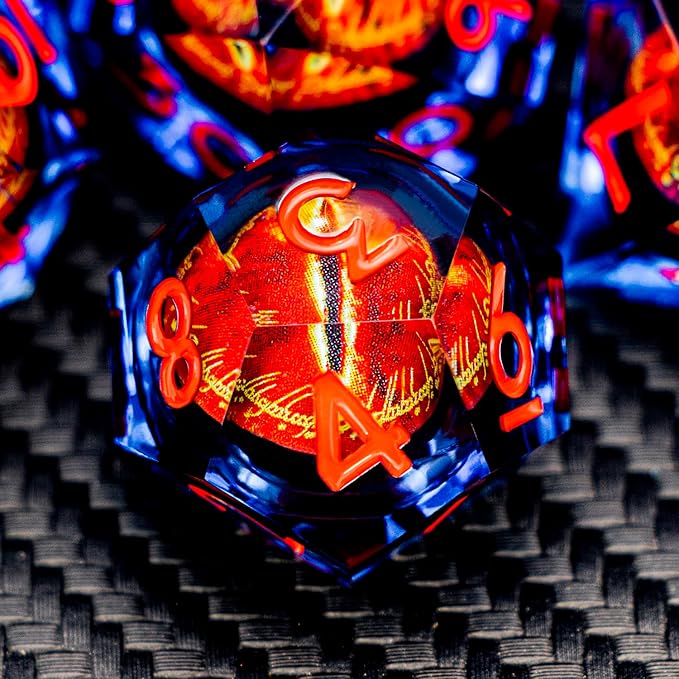 ARUOHHA DND Resin Dice Gazes Eye Dice Blue Red Liquid Core Flaming RPG Sharp Edged Dice Set with Gift Box, Polyhedral D and D Dice Set Compatible with Dungeons Dragons Role Playing Game D20 D6