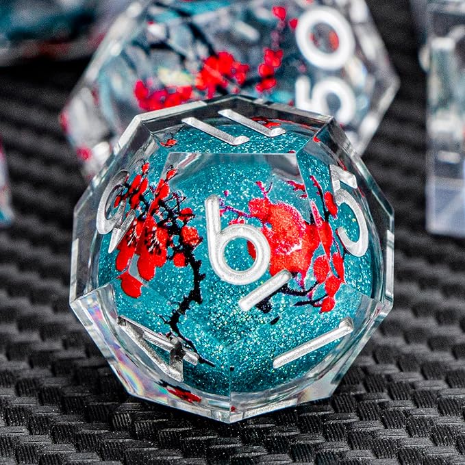 ARUOHHA DND Resin Dice Plum Blossom Liquid Core Dice Silver Blue Sharp Edged Dragons Polyhedral Dice Set with Gift Box, Role Playing Game Dungeons D and D Dice Set D20 D12 D10 D6 D4