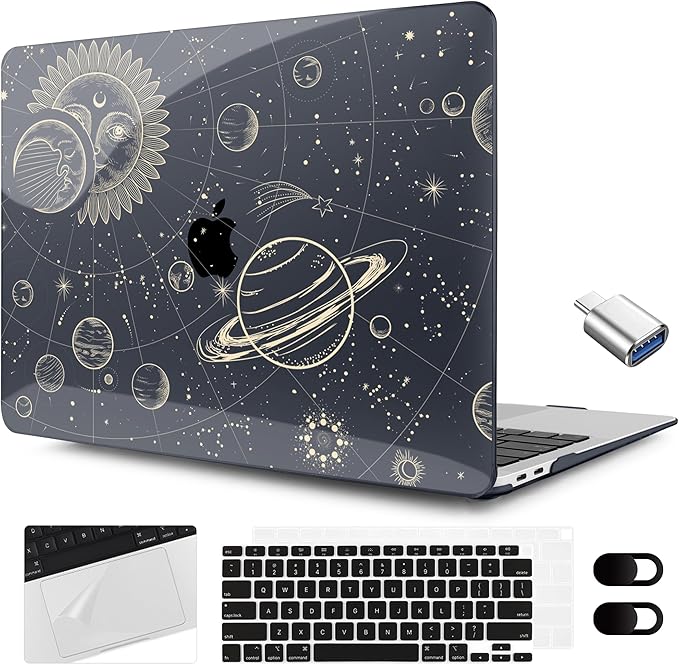 MEEgoodo for MacBook Air 13.3 inch Case 2021 2020 2019 2018 A2337 M1 A2179 A1932, Clear Case for MacBook Air M1, Hard Shell with Keyboard Webcam Cover & Trackpad Film & Type C Adapter,Moon
