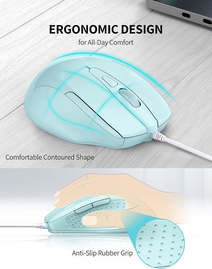 TECKNET Wired Mouse, 6-Button Corded with 4 Adjustable DPI, Ergonomic Optical Mouse, 5FT Cord for Laptop, Chromebook, PC, Desktop, Mac, Notebook - LT.Green