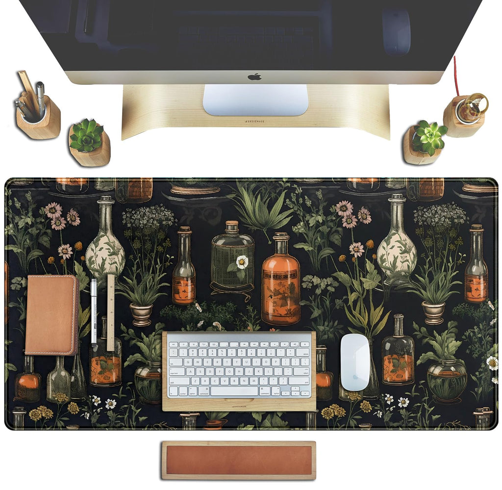 Black Aesthetics Desk Mat Mouse Pad Large Gaming Mouse Pad Desk Pad Mousepad, Mystical Green Plant Computer Laptop Keyboard and Mouse Mat, Desktop Protector Mat for Women Girl Office 31.5x15.8 in