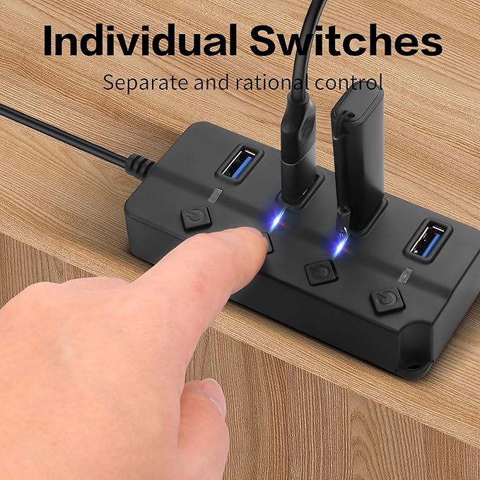 90 Degree USB Hub Splitter YACSEJAO USB 2.0 Data Hub with Individual LED Button On/Off Switch DC5.5 * 2.1 Power Port for Laptop,PC Computer (4 Ports, 1M)