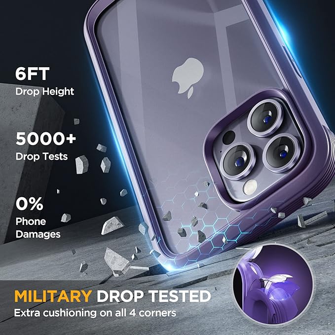 Miracase Glass Series Designed for iPhone 14 Pro Max Case 6.7 Inch, Upgrade Full-Body Bumper Case with Built-in 9H Tempered Glass Screen Protector, with Camera Lens Protector, Dark Purple