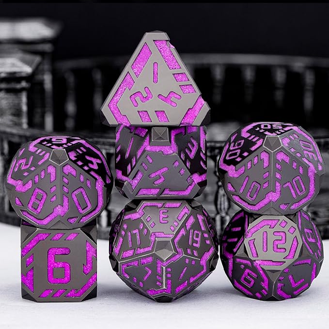 Metal DND Sci-fi Dice Set 7PCS Luminous Purple Stripe Polyhedral Dice for Dungeons Dragons RPG Role Playing Game, Glitter D and D Dice with Gift Box D6 D8 D10 D12 D20