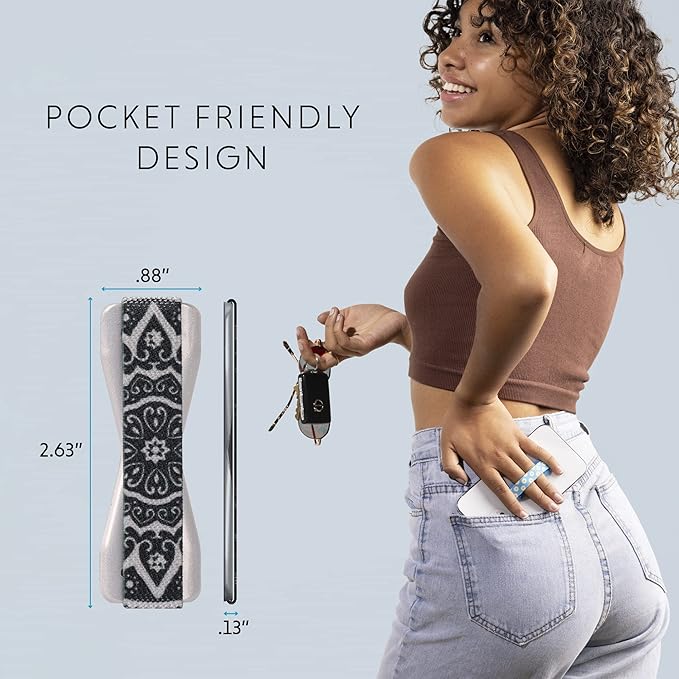LOVEHANDLE Universal Phone Grip for Smartphones & Mini Tablets - Phone Holder for Hand - Wireless Charging Compatible - Made in The USA - Boho Silver