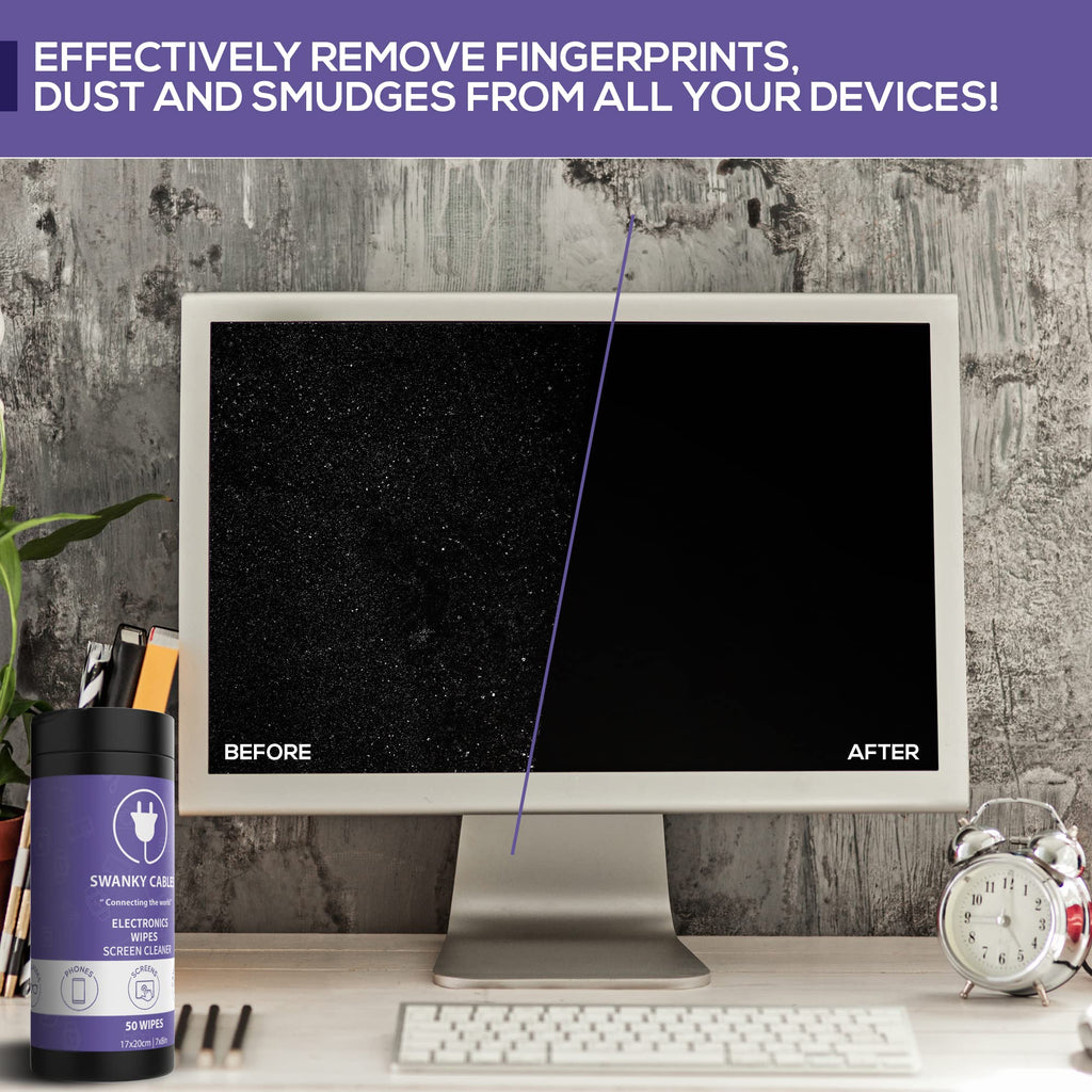 Swanky Cables Screen Cleaner Wipes: Electronic Wipes for Screens - Computer Screen Wipes for Lens, Phone, Tv Screen and Monitor Cleaning - Tech Wipes & Microfiber Cloth (Canister, 50 Count)
