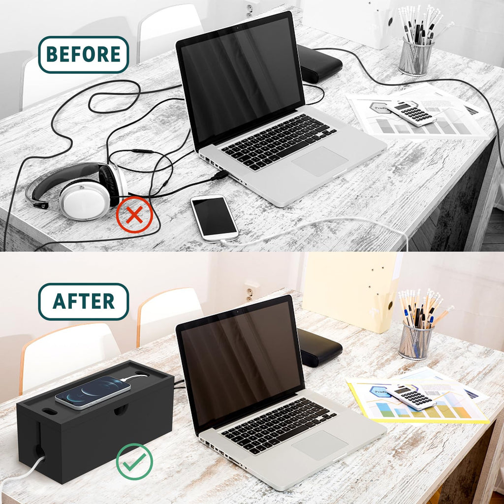 Bamboo Cable Management Box, Large Cord Organizer Box Cable Box to Hide Wires & Power Strips for Desktop Storage Cord Holder for Office Home,No Assembley Required (All Black, 1Medium)
