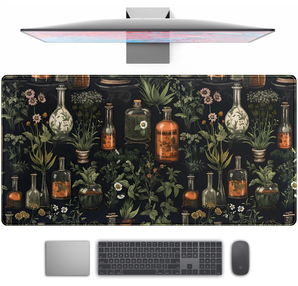 Black Aesthetics Desk Mat Mouse Pad Large Gaming Mouse Pad Desk Pad Mousepad, Mystical Green Plant Computer Laptop Keyboard and Mouse Mat, Desktop Protector Mat for Women Girl Office 31.5x15.8 in