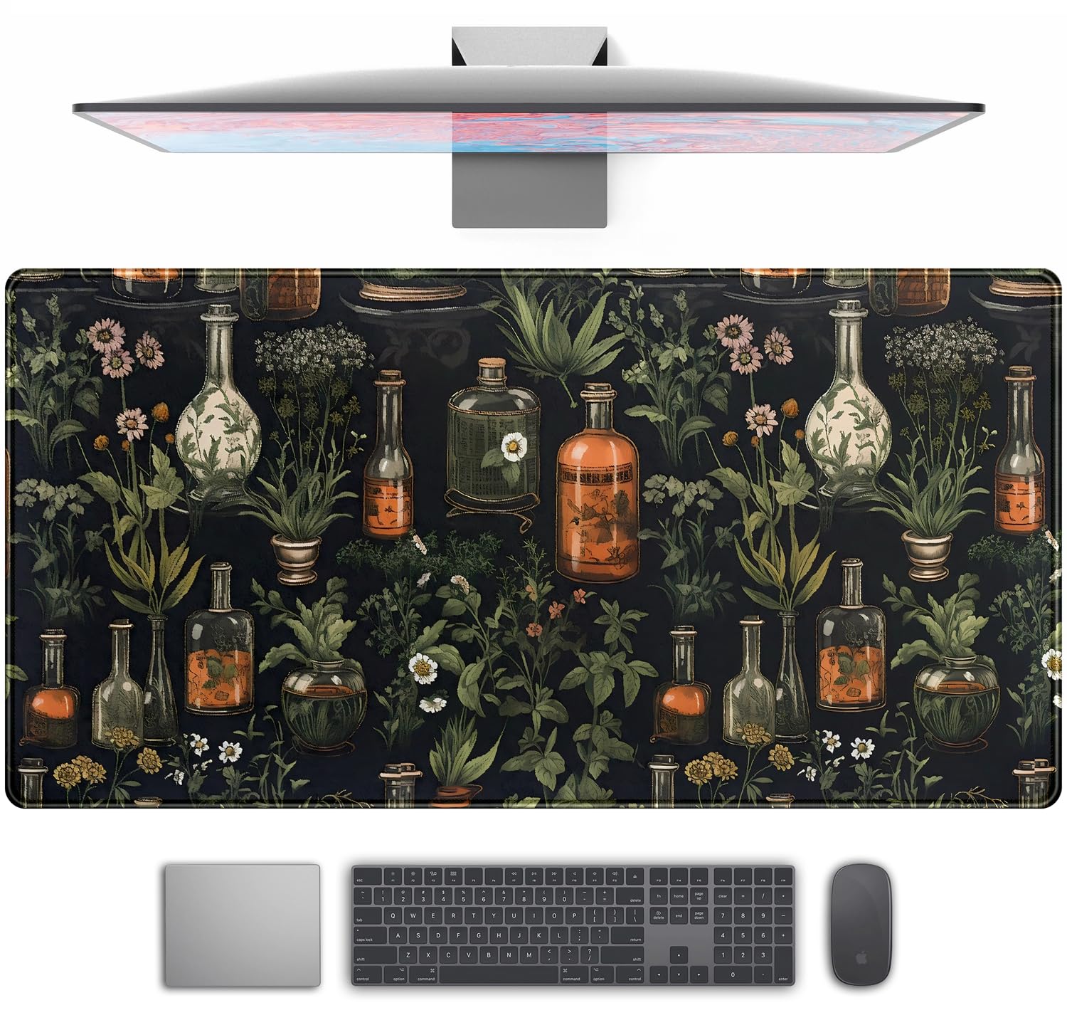 Black Aesthetics Desk Mat Mouse Pad Large Gaming Mouse Pad Desk Pad Mousepad, Mystical Green Plant Computer Laptop Keyboard and Mouse Mat, Desktop Protector Mat for Women Girl Office 31.5x15.8 in