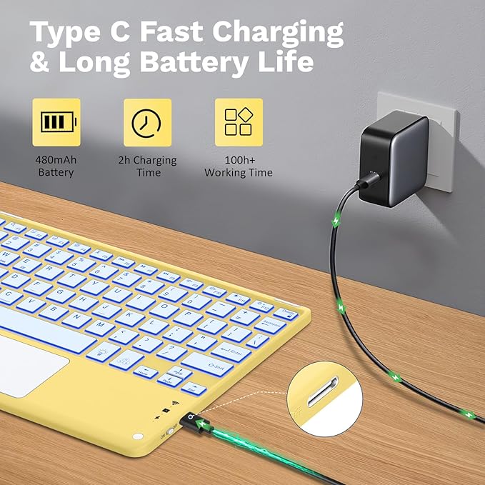 MoKo Touch Keyboard Case for iPad (A16) 11th Generation 11 inch 2025, iPad 10th Generation 10.9 inch Case with Pencil Holder, 7 Colors Backlit Multi-TrackPad Detachable Bluetooth Keyboard,Light Yellow