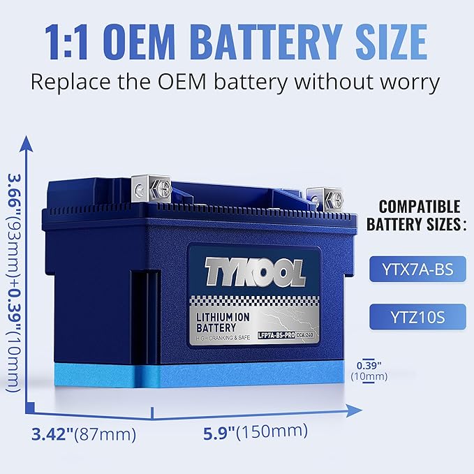 TYKOOL YTX7A-BS -Pro 12.8V 4Ah 240CCA High Performance Lithium Powersports Battery with Smart BMS, Compatible Motorcycle, Scooter,ATV, UTV, Snowmobiles,4 Wheeler, Lawn Mower, and Generator Battery