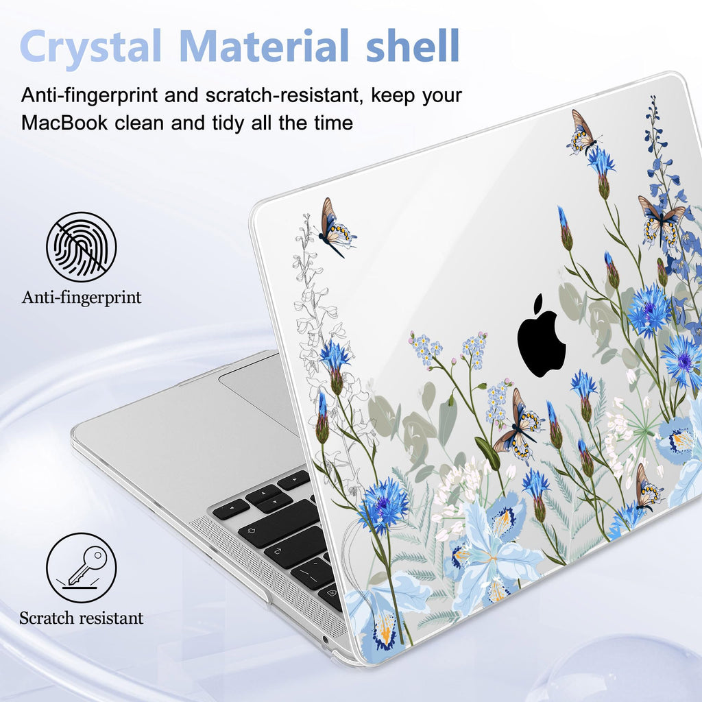 May Chen Compatible with MacBook Pro 13 inch Case with Touch Bar 2022 2021 2020 Release A2338 M1/M2 A2251 A2289, Plastic Hard Shell Case with Keyboard Cover + Dust Plug, Blue Flowers Leaves