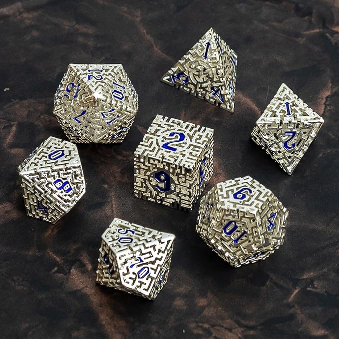 Silver Metal Hollow DND Dice Set (Cleric) Metallic Luster Maze Design with Storage Box - Balanced Weight 7 Piece Zinc Alloy, Designed for Dungeons and Dragons DM and Player RPG Accessories