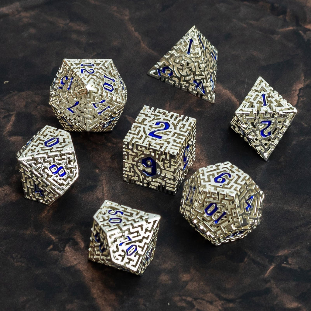 Rolledomain Metal Hollow DND Dice Set with A Gift Box, Silver Metallic Luster Maze Design, Ideal DND Dice Set for D&D DM and Players, Perfect for Dungeons and Dragons, MTG, COC Game Meetings (Cleric)