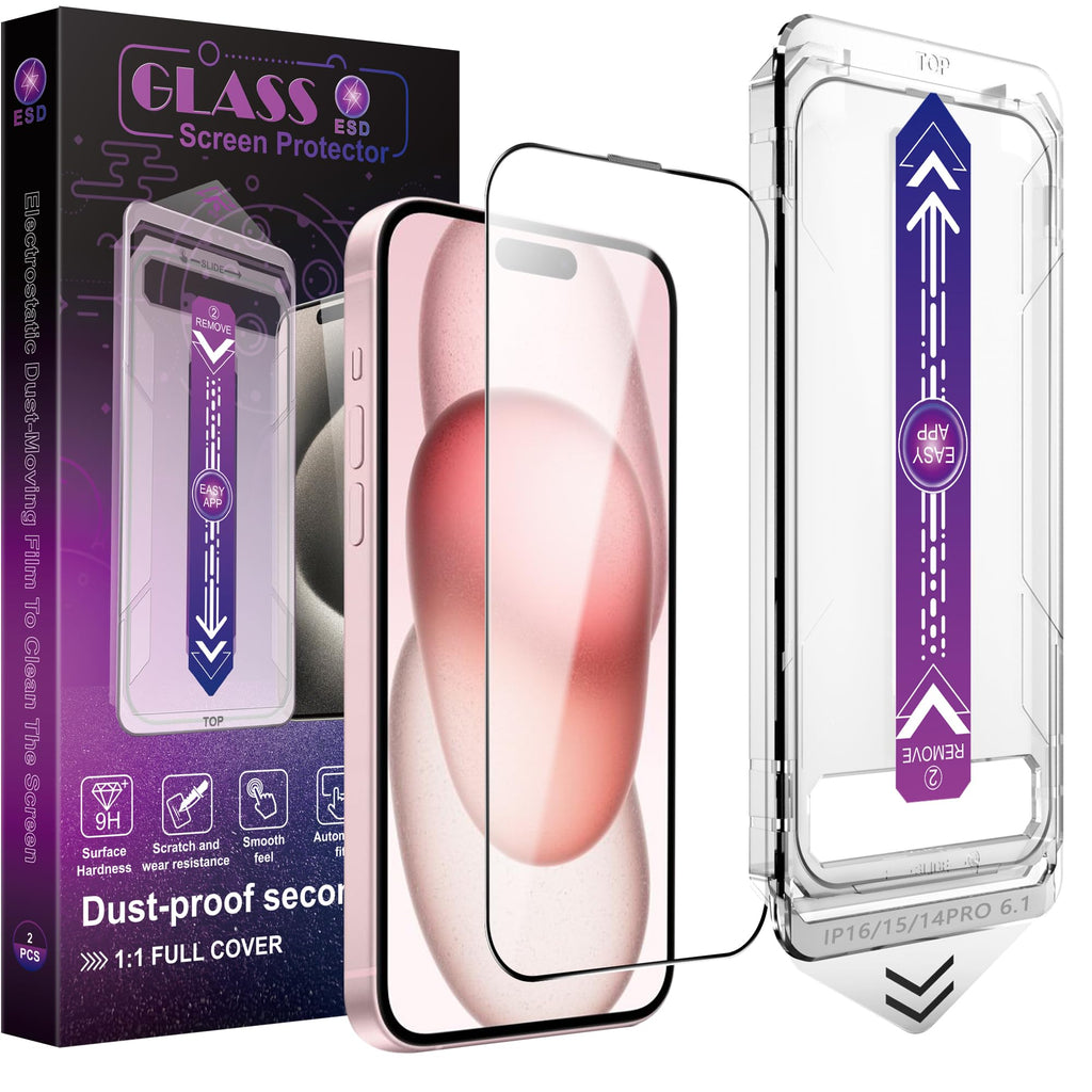 CHRYSHA 2-Pack Screen Protector Tempered Glass for iPhone 16 and iPhone 15 and iPhone 14 Pro 6.1-Inch, Auto Dust Removal, No Bubbles, High Definition Clear, Easy Installation