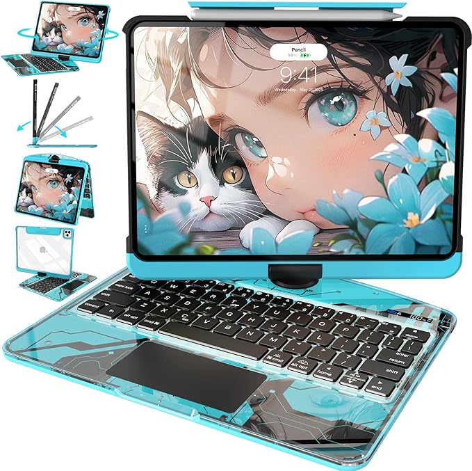 Intermerge for iPad 9th 10.2 inch Keyboard Case, 360° Transparent Multi-Touch Trackpad, 7-Color Backlit Keyboard, Pencil Holder, Type-C, Power Indicator for 9th/ 8th/ 7th - Nebula Core X