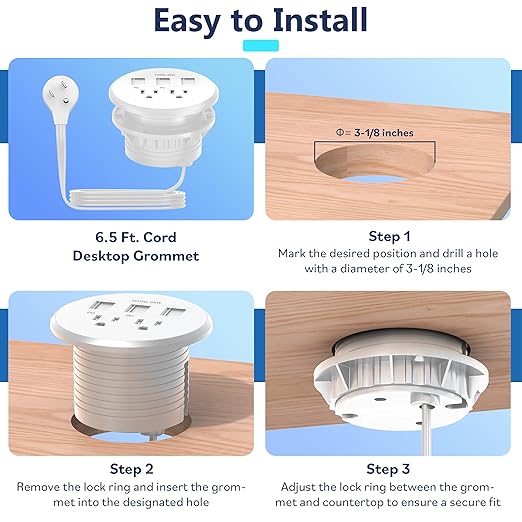 LIDER PD 65W GaN Technology Desktop Power Grommet, Power Delivery, USB-A and 2 USB-C Ports, Tamper-Resistant Receptacles, Self-Close Cover, Desk Charging Station, White, 6.5ft Cord, ETL Listed