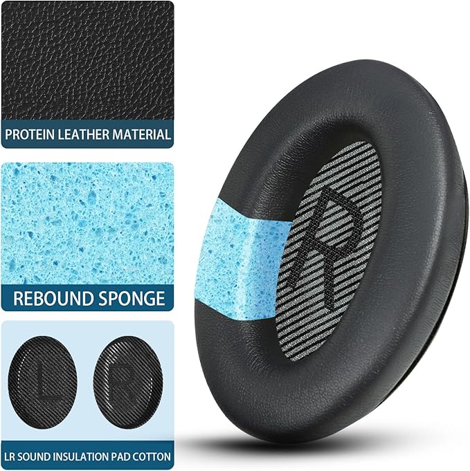 Headphones Replacement Ear Pads, Protein Leather earpad Cushions for Bose Quiet Comfort QC35 Headphones, Replacement Earpads, Softer Memory Foam - Black