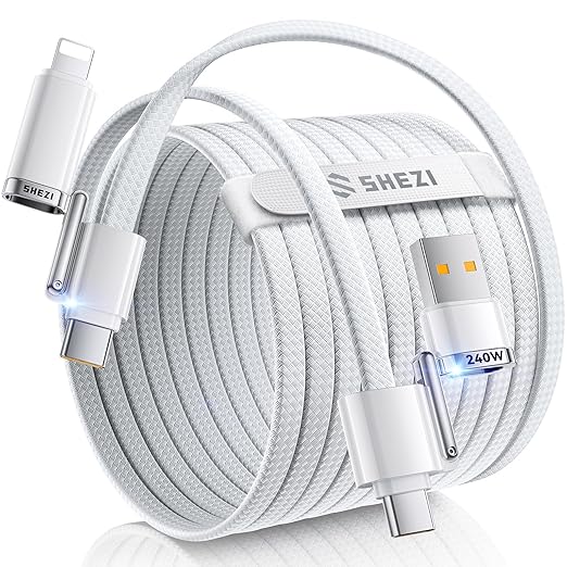 SHEZI 4-in-1 USB C Cable Compatible with Lightning Cable 240W Fast Charging & Data Transfer, Support to CarPlay & Android Auto, 5FT Multi Cords Charger for iPhone/iPad/Samsung/MacBook, White