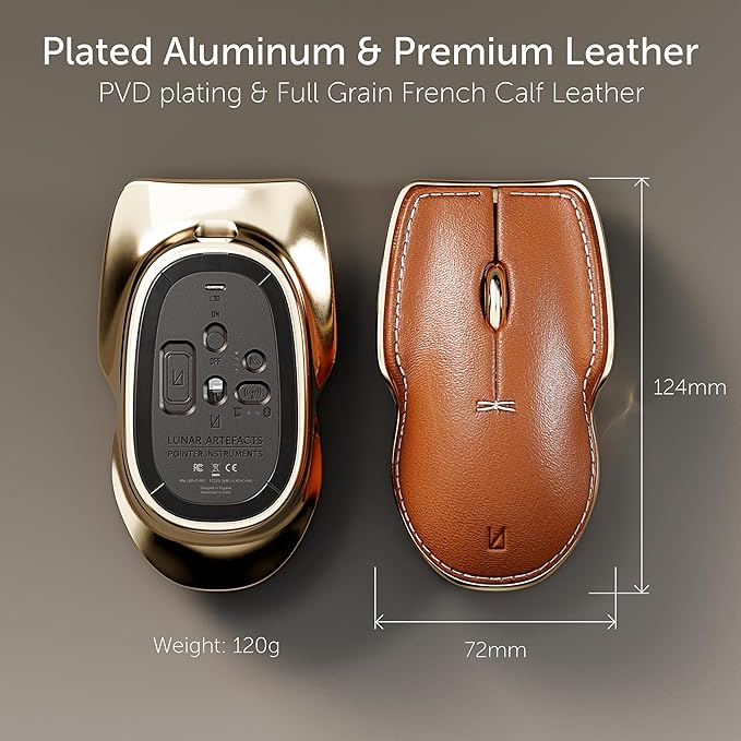LUNAR ARTEFACTS Ambidextrous Rechargeable Bluetooth Wireless Computer Mouse Black French Leather and Aluminum, Qi Enabled USB-C