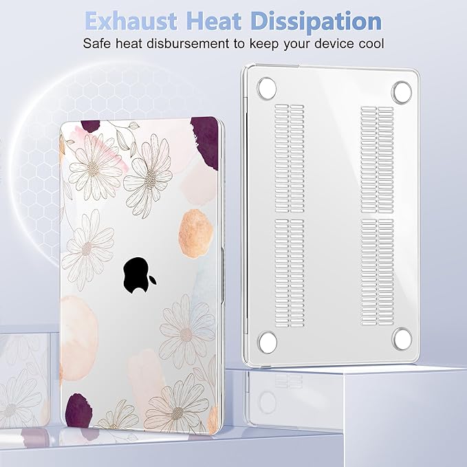 Case for MacBook Air 15 Inch 2025 2024 2023 Release M4 A3241 M3 A3114 M2 A2941, Hard Shell with Screen Protector & Keyboard Cover, Compatible with Touch ID - Floral