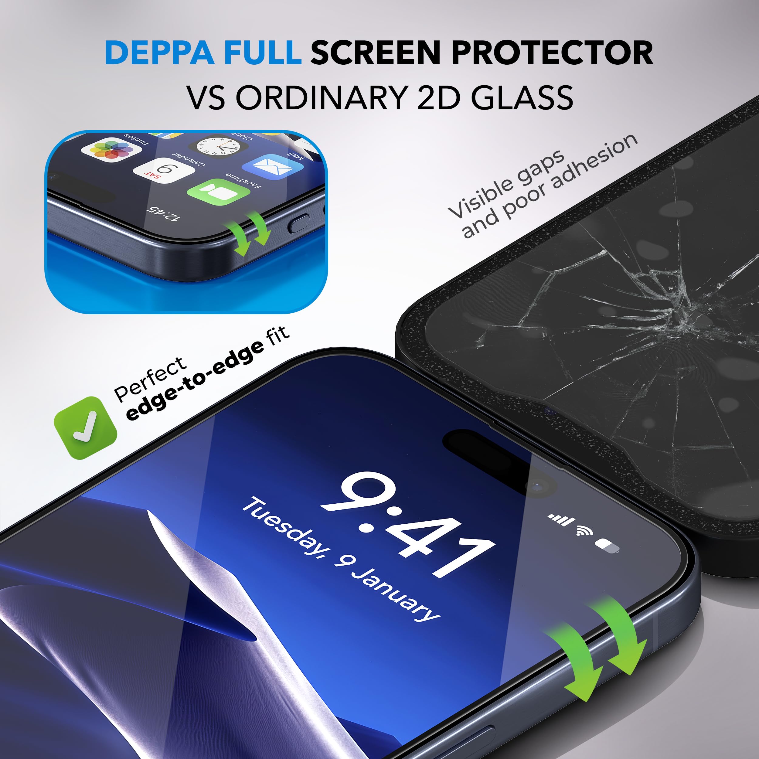 Deppa |2 Pack| for iPhone 17/ iPhone 16 Pro (6.3') Anti-Blue Light Screen Protector | Scratch Resistant Tempered Glass | 3D Edge to Edge Coverage | Easy Installation Kit | Eye Safeguard TÜV Certified