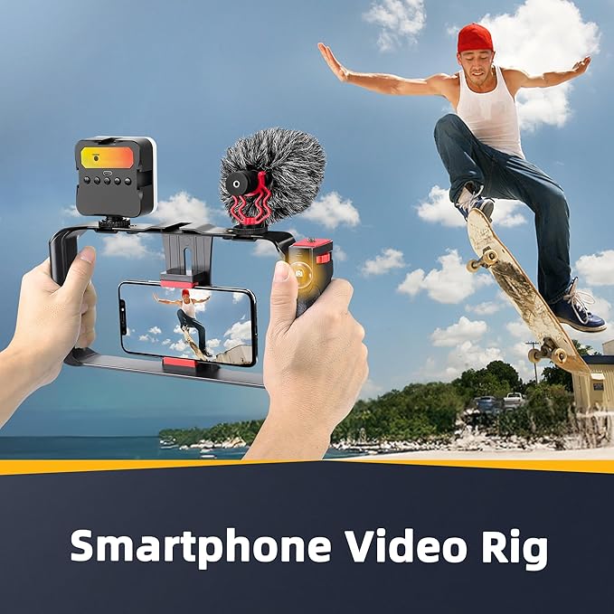 Zeadio Smartphone Camera Stabilizer Kit, Portable Handle Grip Handheld Video Rig with RGB Video Light and Microphone, Fits for All Camcorder, Camera, DSLR and All iPhone and Android Smartphones