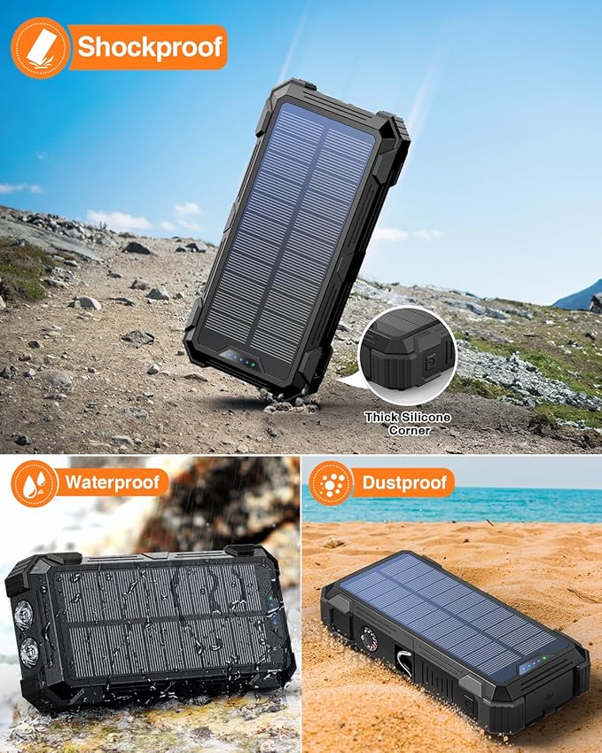 GOODaaa Solar Power Bank, 42800mAh Portable Charger 20W Fast Charging External Battery Pack Built in 4 Cables, Wireless Charging Power Bank for Apple Watches with Flashlight, Carabiner,Thermometer