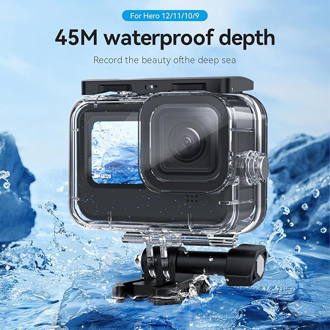 TELESIN Waterproof Case for GoPro Hero 13/12/11/10/9 Black, 60M/196FT with Quick Release Buckle Mount, Black, Acrylic, Camera Case, Waterproof